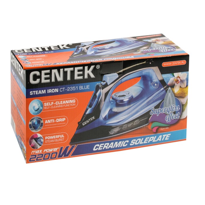 Утюг Centek CT-2351, 2200Вт, керамическая подошва, паровой удар, синий