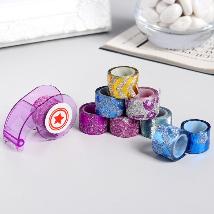 Набор клейкой ленты пластик 9 шт+держатель для скотча, 1,2 смх1 м МИКС 15х10х2 см