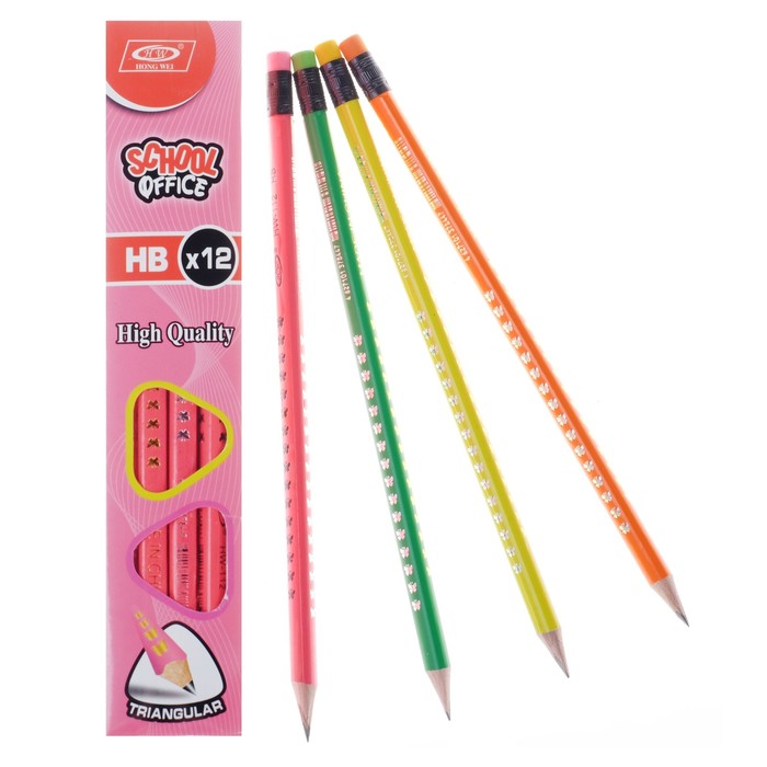 Карандаш ч/г с ластиком НВ корпус трехгранный заточенный МИКС ассорти