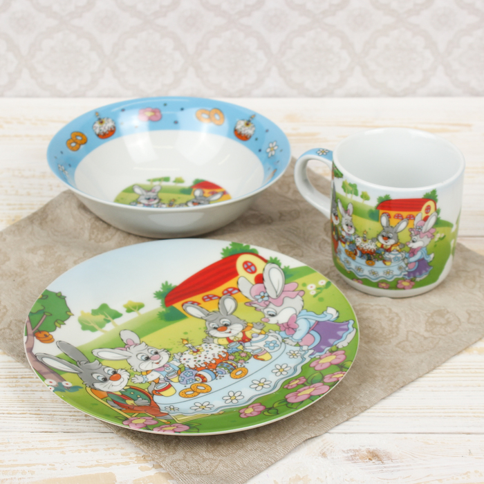 Набор детской посуды "Крольчата на обеде", 3 предмета: кружка 230 мл, миска 400 мл, тарелка 18 см