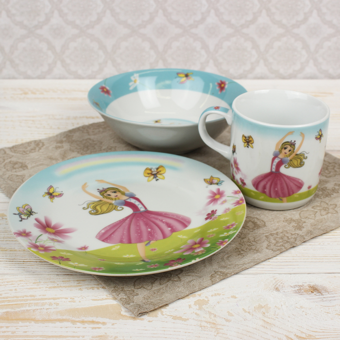 Набор детской посуды "Мечтательница", 3 предмета: кружка 230 мл, миска 400 мл, тарелка 18 см