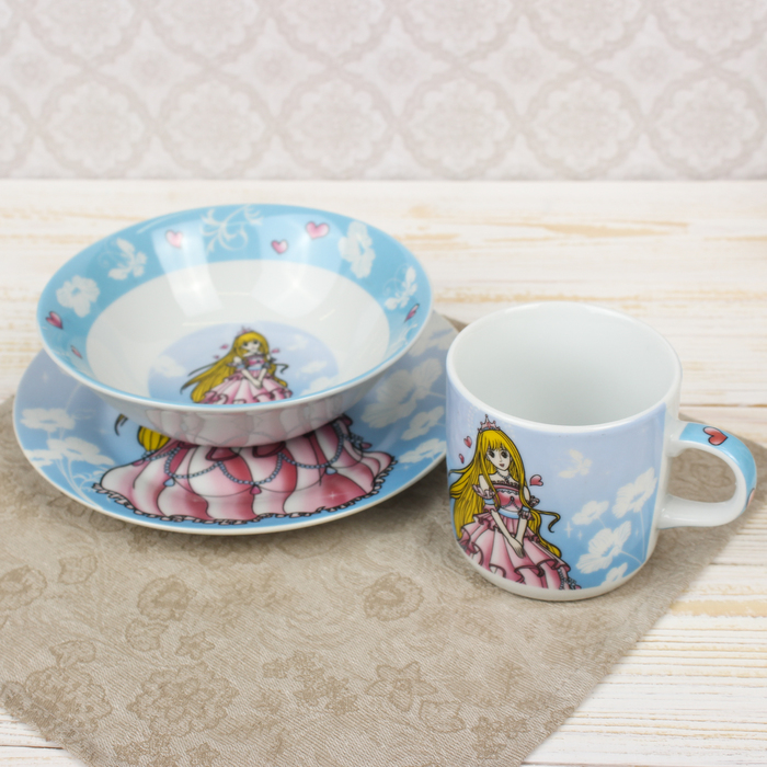 Набор детской посуды "Принцесса", 3 предмета: кружка 230 мл, миска 400 мл, тарелка 18 см