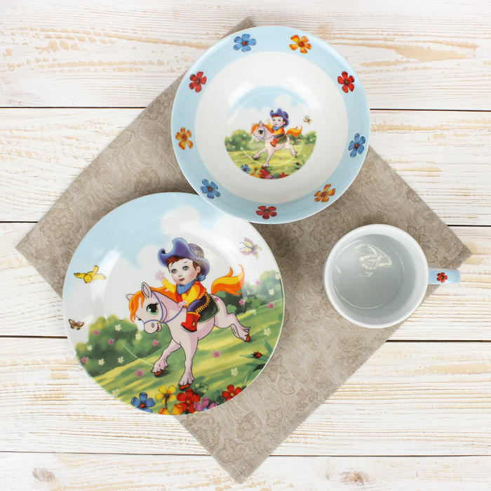 Набор детской посуды "Ковбой", 3 предмета: кружка 230 мл, миска 400 мл, тарелка 18 см