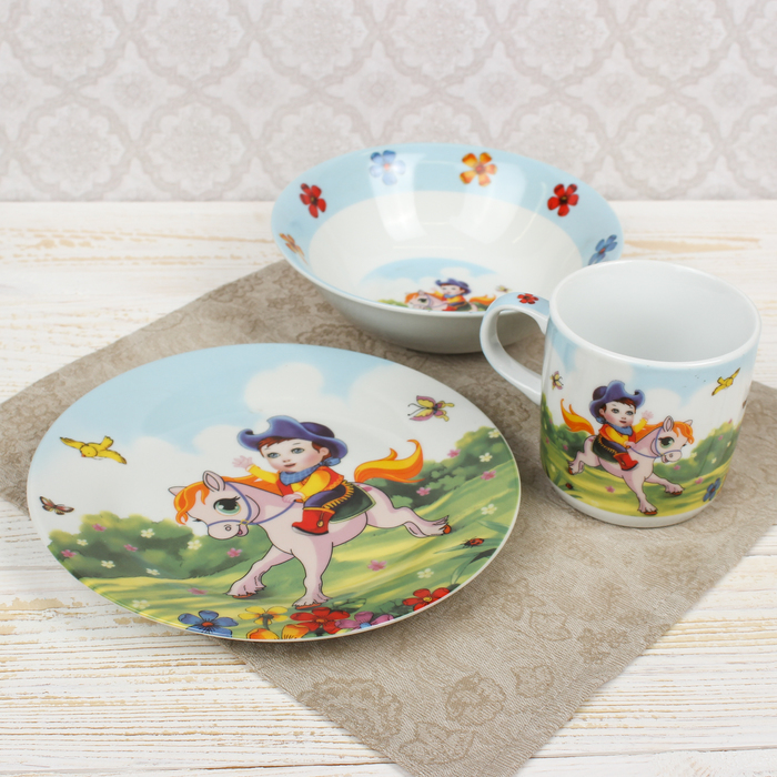 Набор детской посуды "Ковбой", 3 предмета: кружка 230 мл, миска 400 мл, тарелка 18 см