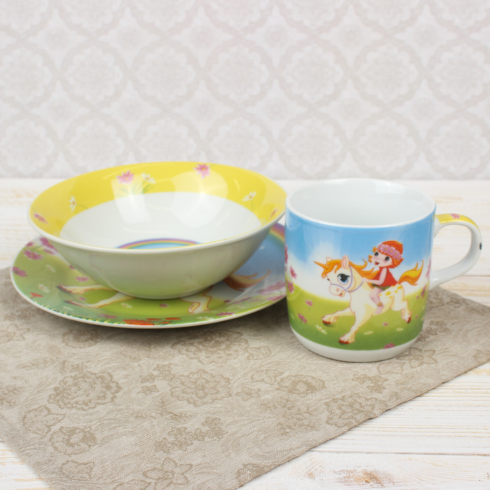 Набор детской посуды "Веселая прогулка", 3 предмета: кружка 230 мл, миска 400 мл, тарелка 18 см