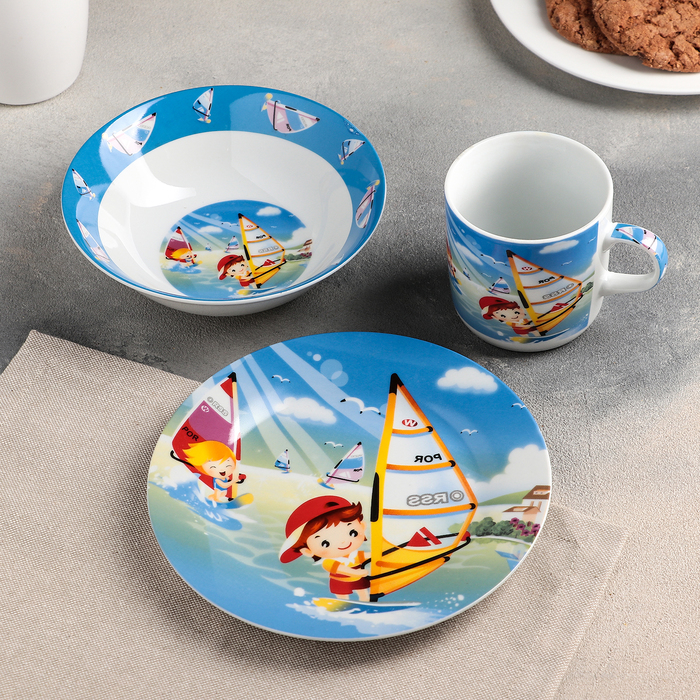 Набор детской посуды "На волне", 3 предмета: кружка 230 мл, миска 400 мл, тарелка 18 см