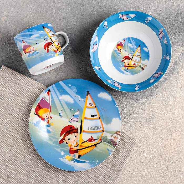 Набор детской посуды "На волне", 3 предмета: кружка 230 мл, миска 400 мл, тарелка 18 см