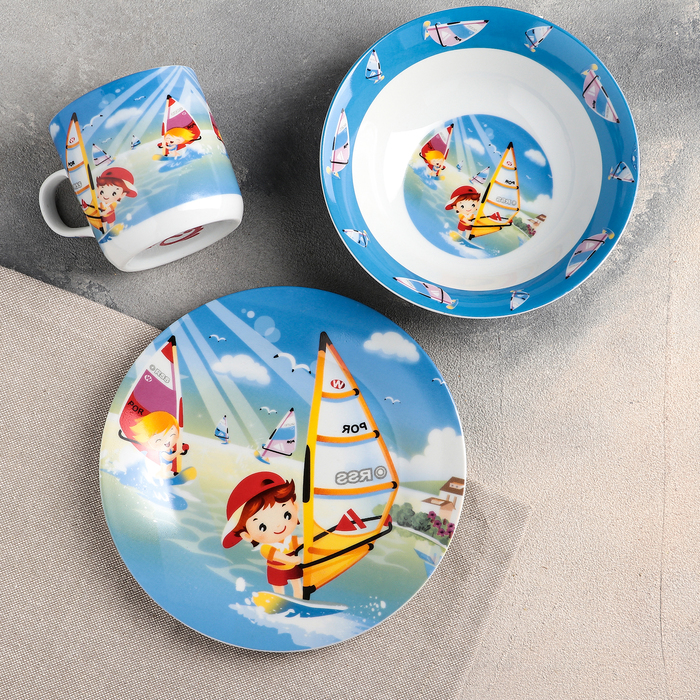 Набор детской посуды "На волне", 3 предмета: кружка 230 мл, миска 400 мл, тарелка 18 см