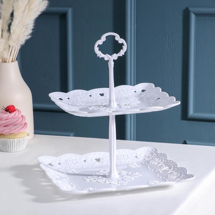 Блюдо 2 яруса "Вивьен", 20/24 см, квадратное, цвет белый