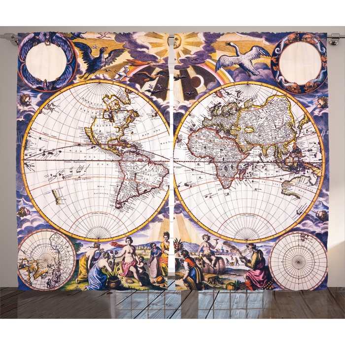 Комплект фотоштор Magic Lady "Старая гравюра карты Мира", 145 х 265 см - 2 шт, 100% полиэстер   2936