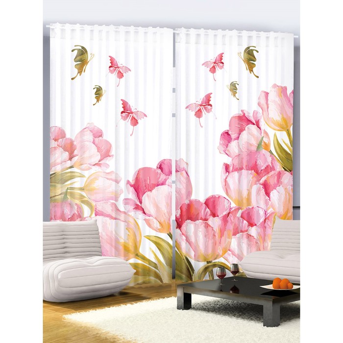 Комплект фотоштор Magic Lady "Бабочки над тюльпанами", 145 х 265 см - 2 шт, 100% полиэстер