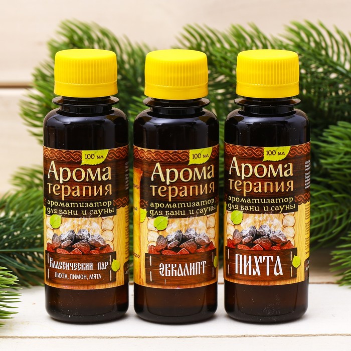 Набор "Тонизирующий пар": 3 ароматических смеси для бани и ванны на деревянной подставке, по 100 мл