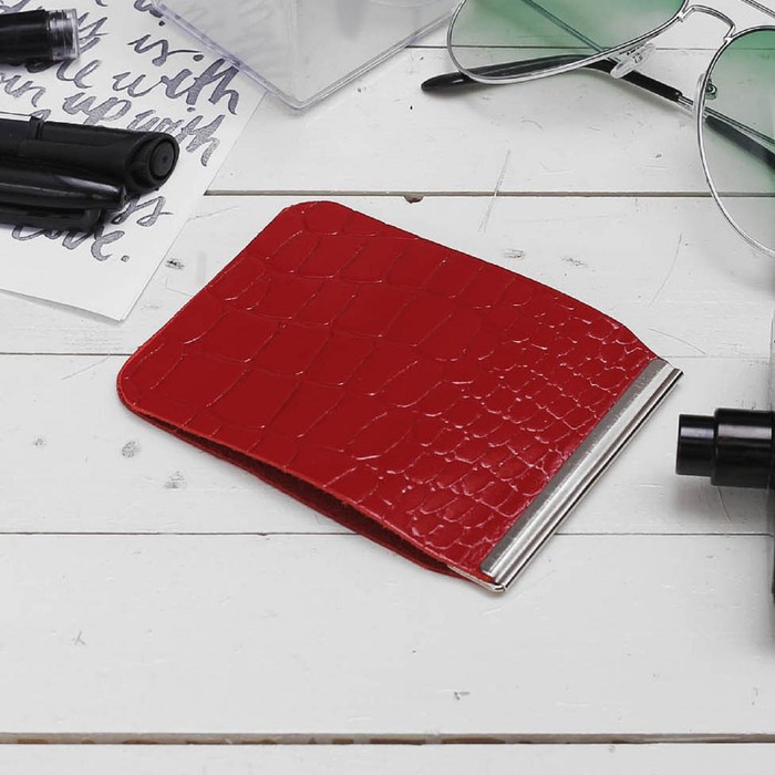 Зажим для купюр, с металлическим держателем, крокодил, цвет красный