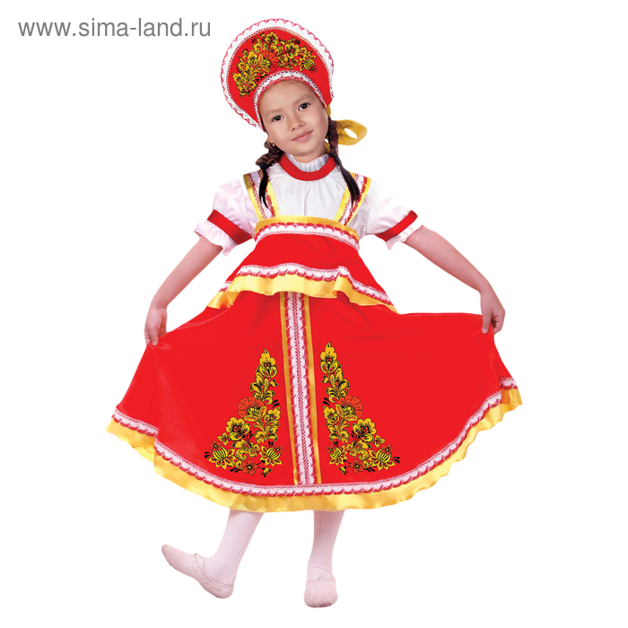 фото Карнавальный русский костюм "хохлома, цветы", платье-сарафан, кокошник, цвет красный, р-р 34, рост 140 см страна карнавалия