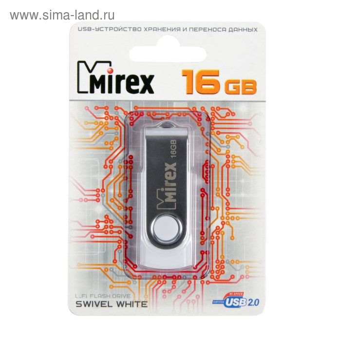 фото Флешка mirex swivel white, 16 гб, usb2.0, чт до 25 мб/с, зап до 15 мб/с, белая