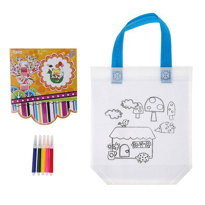 Сумка с рисунком под роспись "Домик" + фломастеры 5 цветов