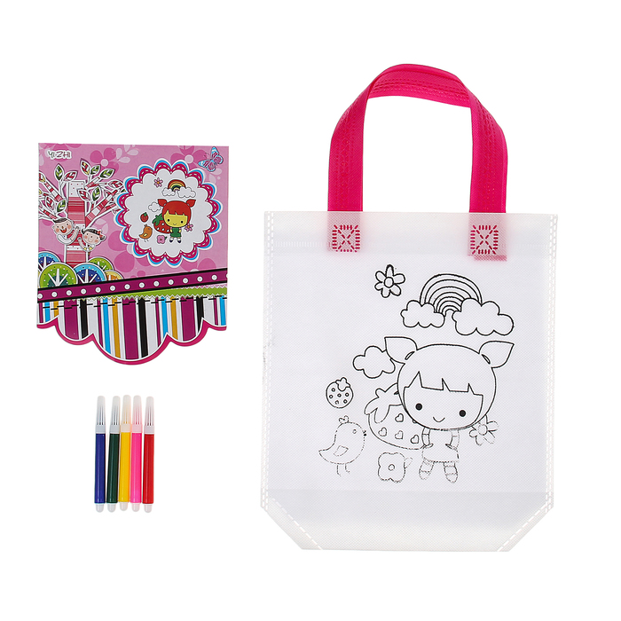 Сумка с рисунком под роспись "Девочка с радугой" + фломастеры 5 цветов