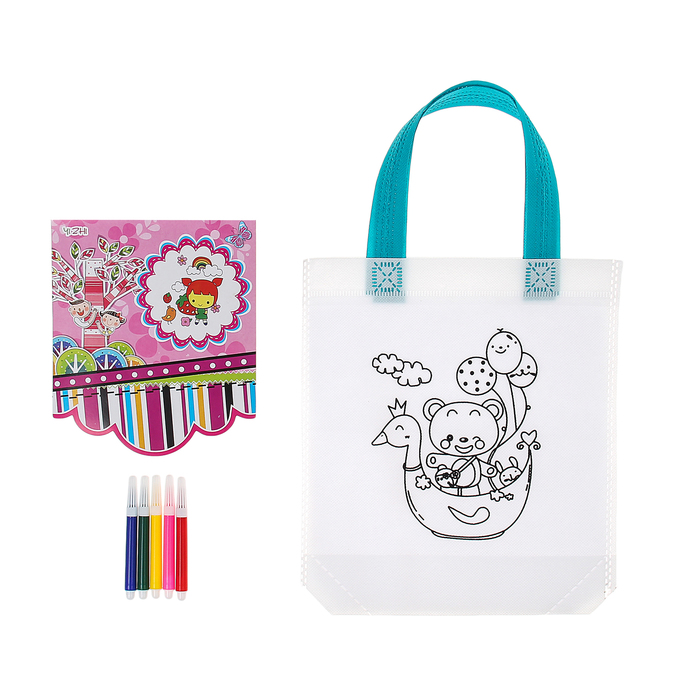 Сумка с рисунком под роспись "Мишка с шариками" + фломастеры 5 цветов