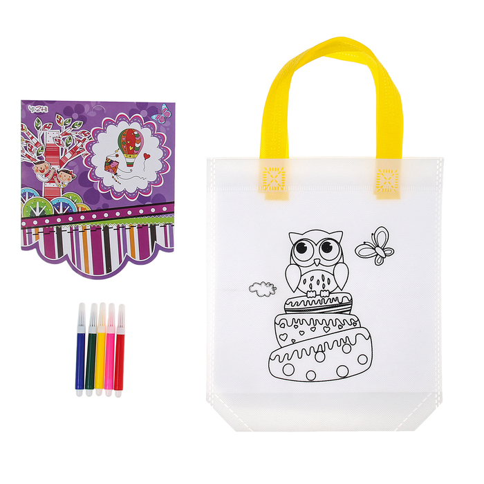 Сумка с рисунком под роспись "Торт с совой" + фломастеры 5 цветов
