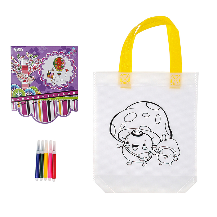 Сумка с рисунком под роспись "Грибочки" + фломастеры 5 цветов