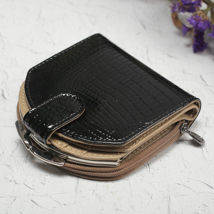 Кошелёк женский, 2 отдела рамка, 2 отдела на молнии, отдел, для карт, для монет, цвет чёрный