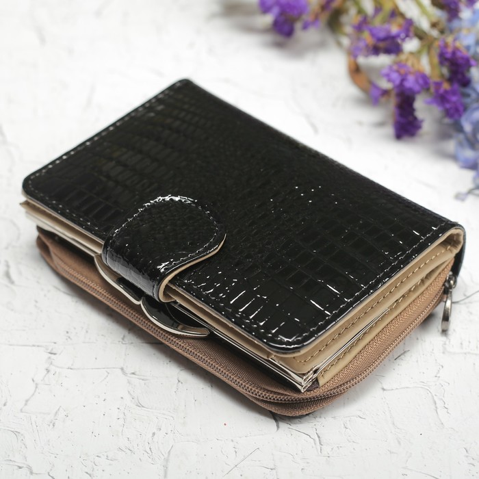 Кошелёк женский, 2 отдела рамка, 2 отдела на молнии, отдел, для карт, для монет, цвет чёрный