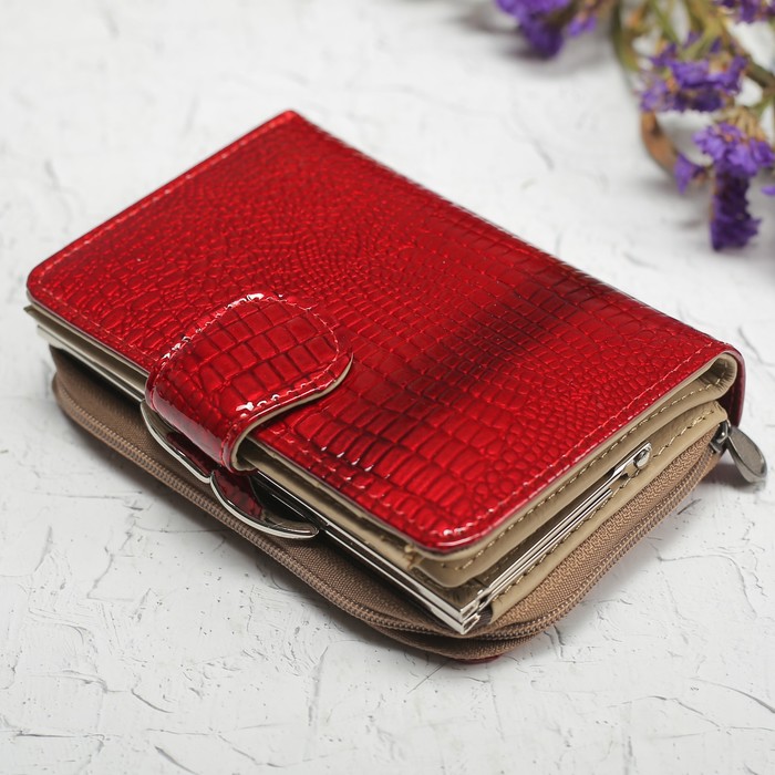 Кошелёк женский, 2 отдела рамка, 2 отдела на молнии, отдел, для карт, для монет, цвет красный