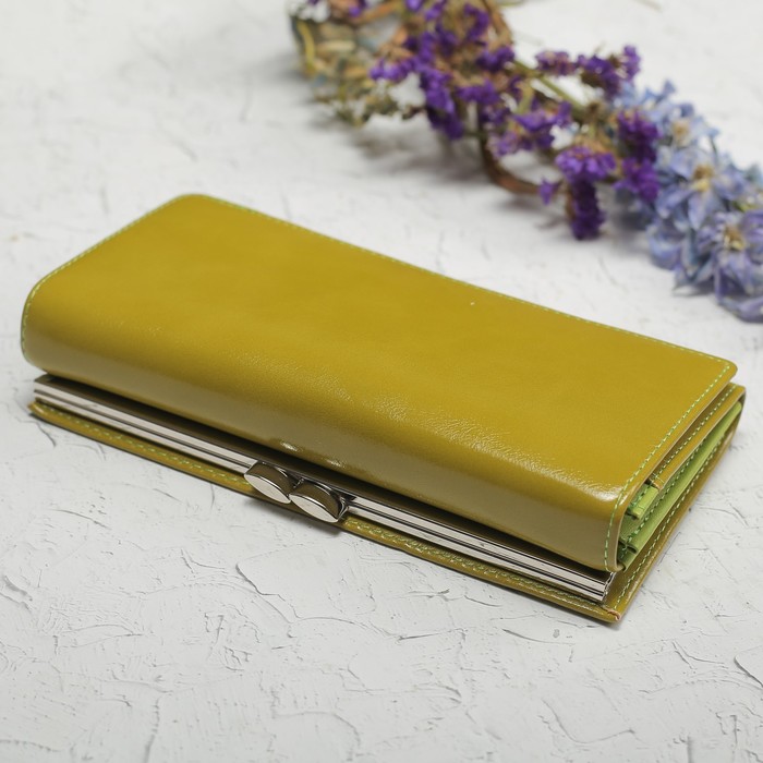 Кошелёк женский на клапане, 4 отдела, для карт, 2 отдела на рамке, цвет зелёный