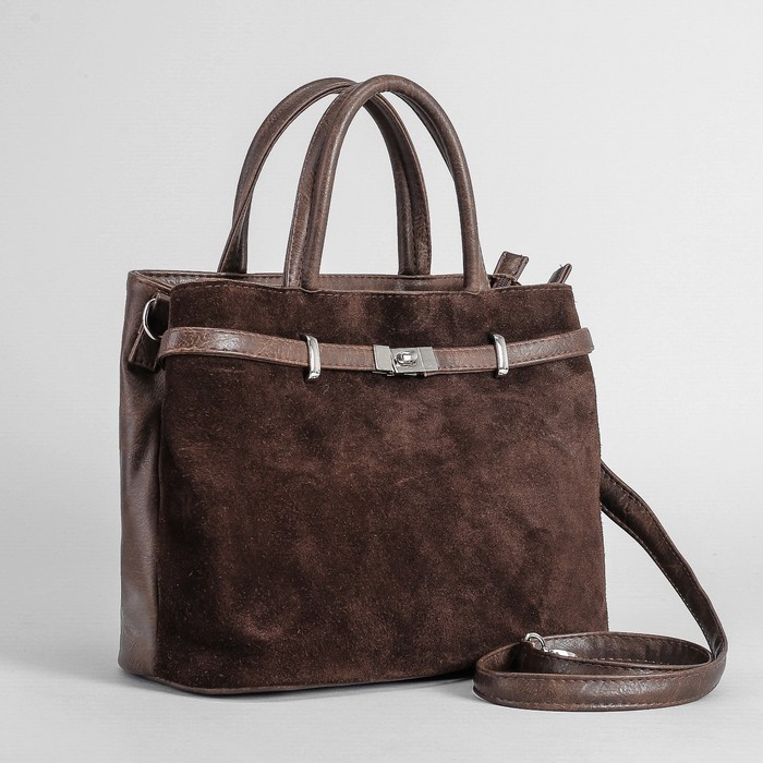 Сумка женская, замша, 2 отдела на молнии, наружный карман, длинный ремень, цвет коричневый