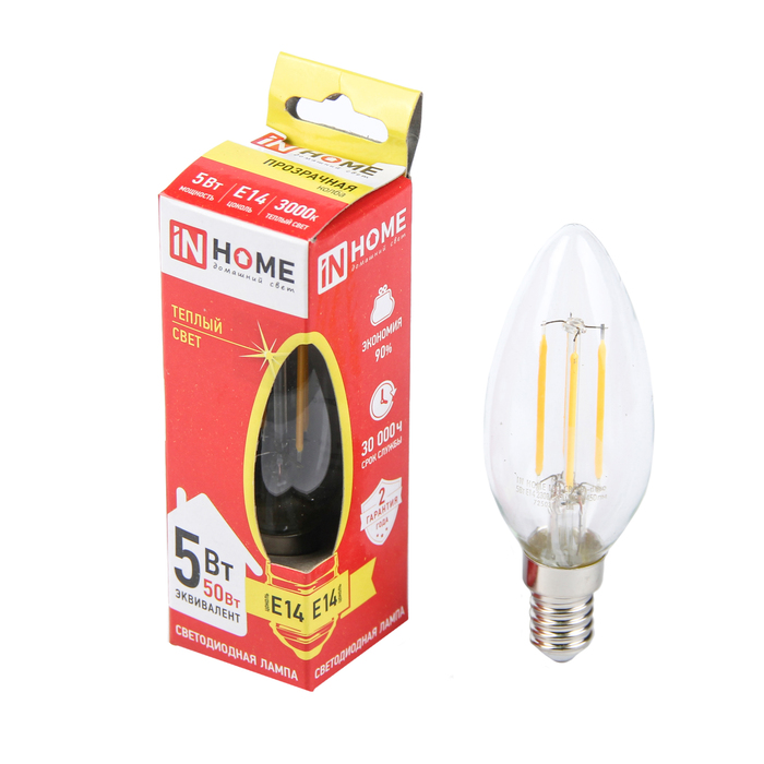 Лампа светодиодная ASD deco, Е14, 5 Вт 230 В, 3000 К, 450 Лм, прозрачная, "свеча"