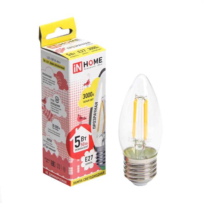 Лампа светодиодная ASD deco, Е27, 5 Вт 230 В, 3000 К, 450 Лм, прозрачная, "свеча"