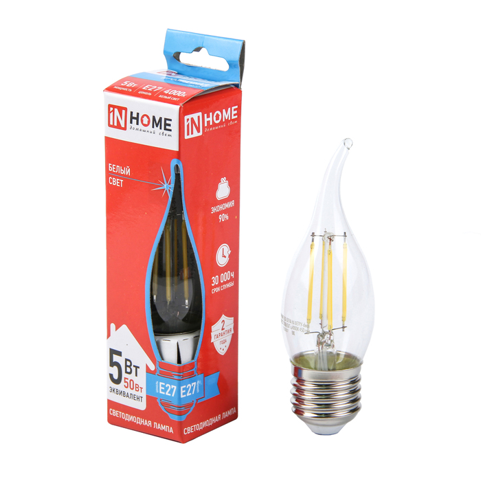 Лампа светодиодная ASD deco, Е27, 5 Вт 230 В, 4000 К, 450 Лм, прозрачная, "свеча на ветру"