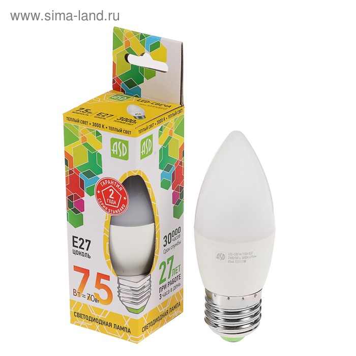 фото Лампа светодиодная asd led-свеча-standard, е27, 7.5 вт, 230 в, 3000 к, 675 лм