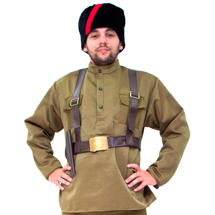 Карнавальный костюм "Партизан", кубанка, гимнастёрка, портупея, брюки, р-р 46-48, рост 170-180 см