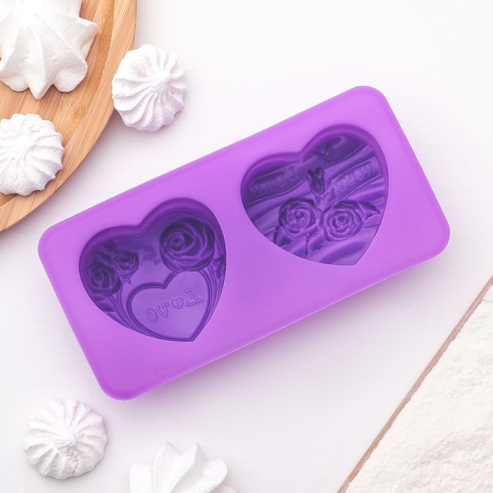 Молд, 2 ячейки, 17х8,5х3 см "Сердца" сиреневая