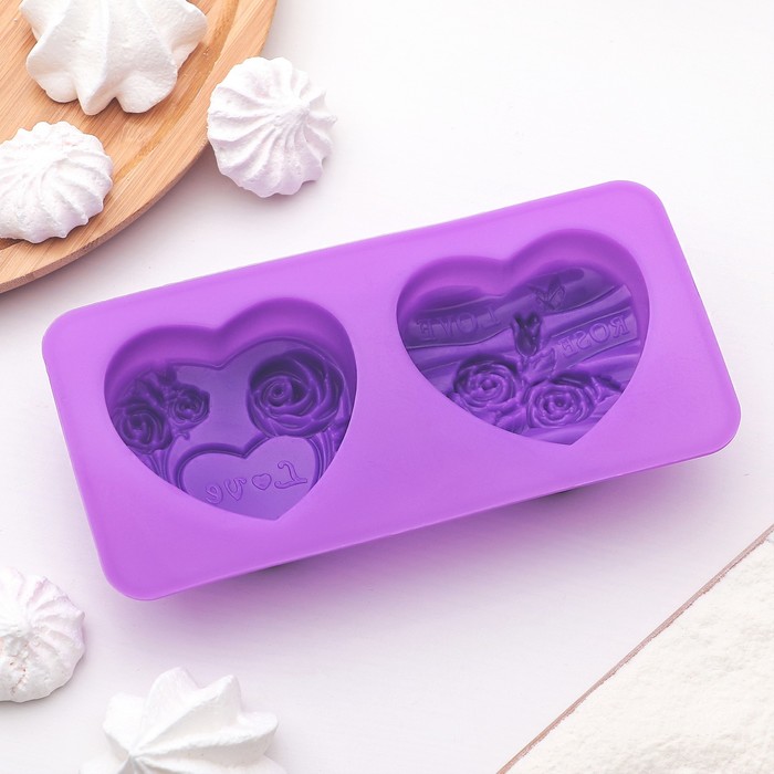 Молд, 2 ячейки, 17х8,5х3 см "Сердца" сиреневая