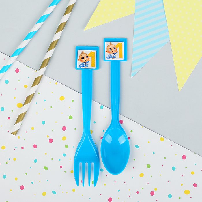 Набор пластиковый "Малышу 1 годик", ложка + вилка