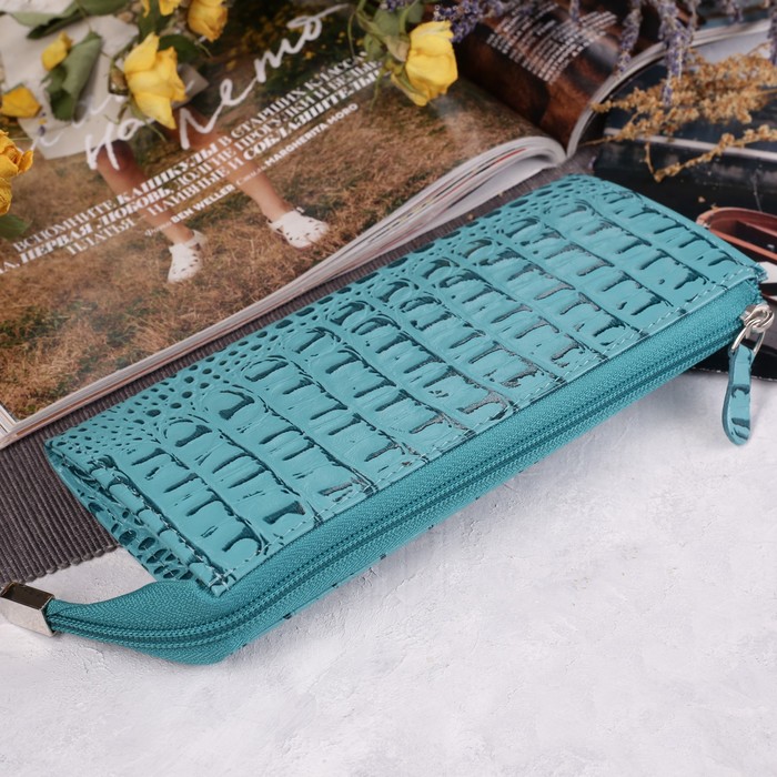Кошелёк женский, 2 отдела, для карт, наружный карман, крокодил бирюзовый