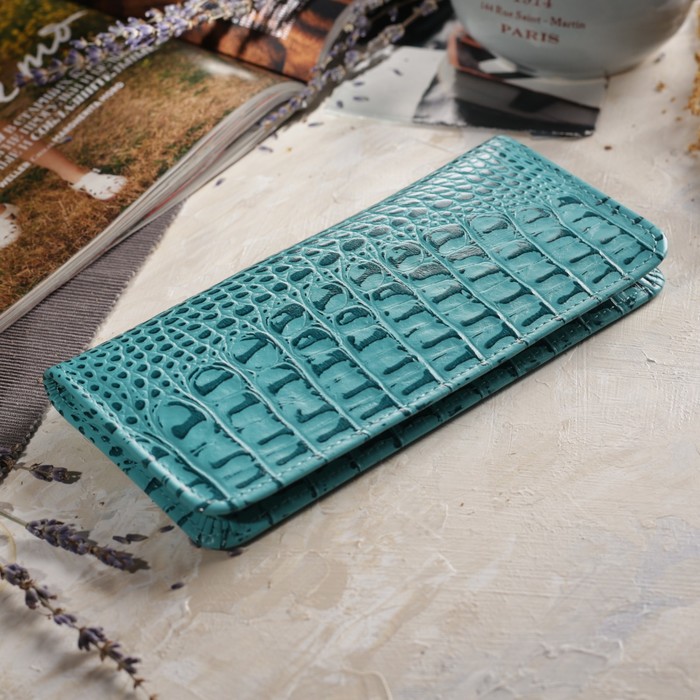 Кошелёк женский, 2 отдела, для карт, для монет, крокодил бирюзовый