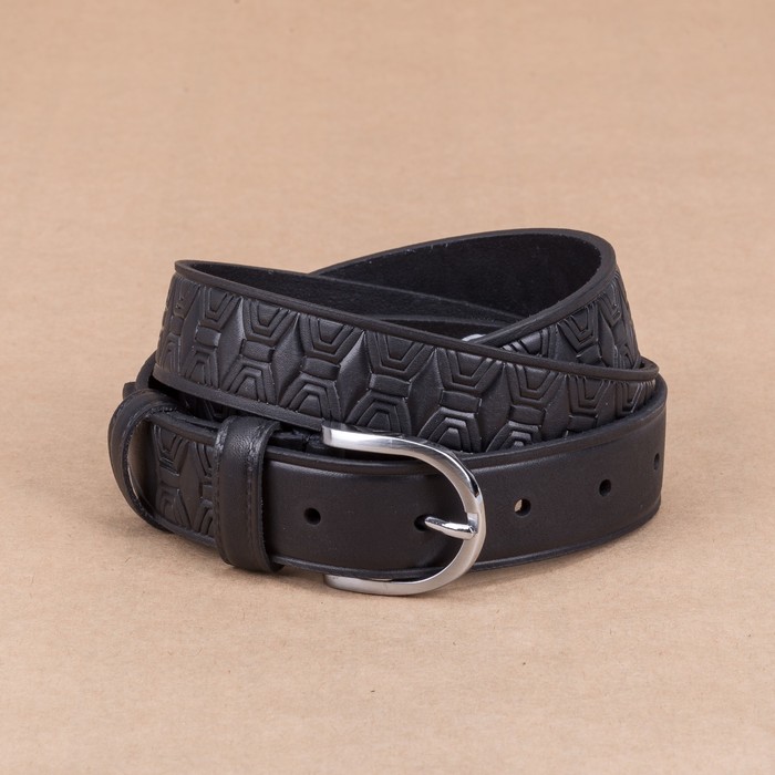 Ремень мужской, орнамент, пряжка металл, ширина - 3 см, цвет чёрный