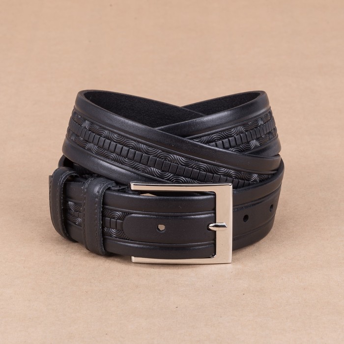 Ремень мужской, орнамент, пряжка металл, ширина - 3,5 см, цвет чёрный