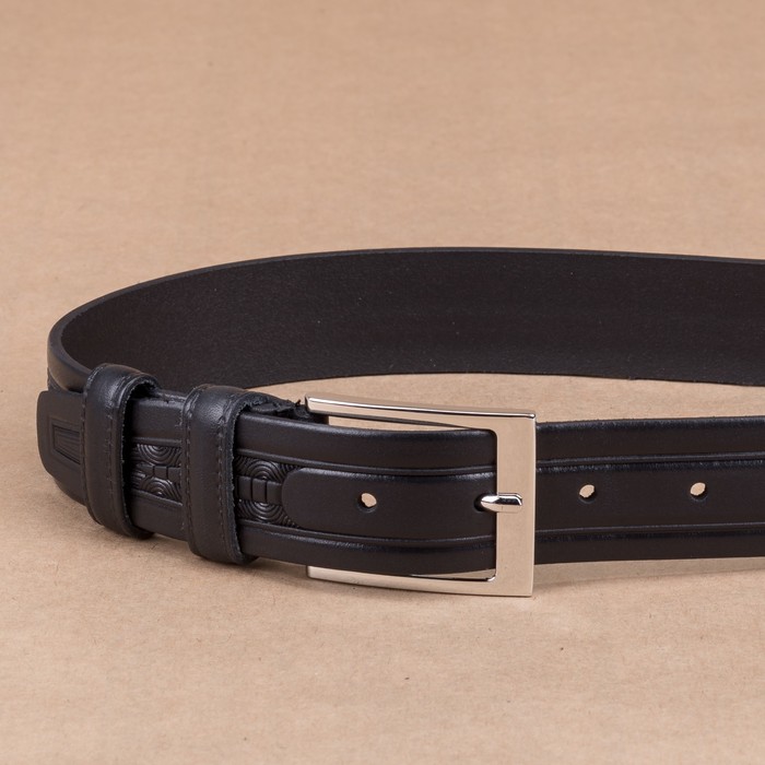 Ремень мужской, орнамент, пряжка металл, ширина - 3,5 см, цвет чёрный