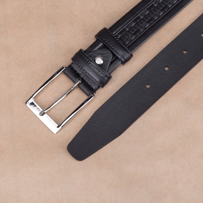 Ремень мужской, орнамент, пряжка металл, ширина - 3,5 см, цвет чёрный