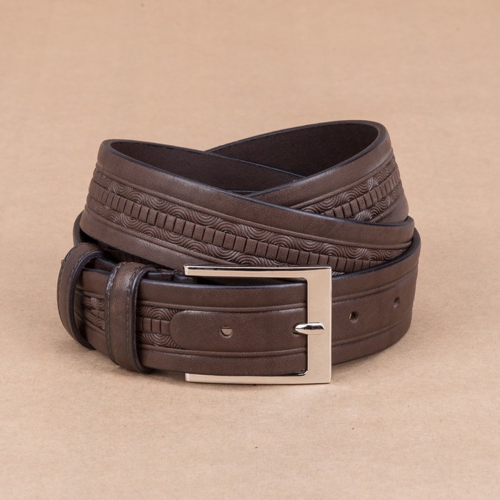 Ремень мужской, орнамент, пряжка металл, ширина - 3,5 см, цвет коричневый