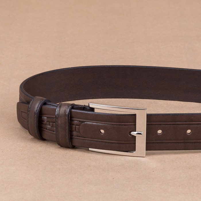 Ремень мужской, орнамент, пряжка металл, ширина - 3,5 см, цвет коричневый