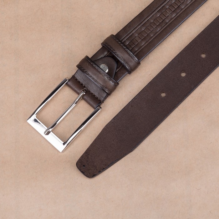 Ремень мужской, орнамент, пряжка металл, ширина - 3,5 см, цвет коричневый