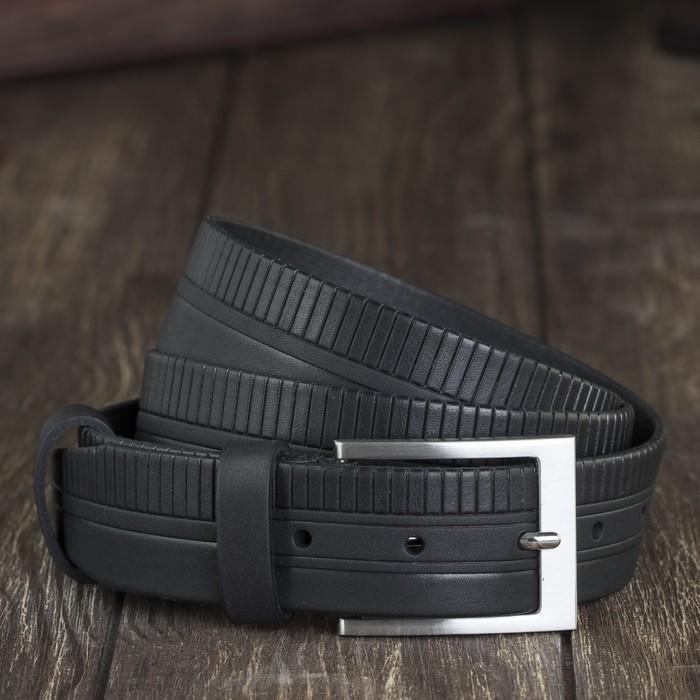 Ремень мужской, тиснение по краю, пряжка металл, ширина - 3,5 см, цвет чёрный