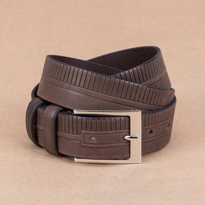Ремень мужской, тиснение по краю, пряжка металл, ширина - 3,5 см, цвет коричневый