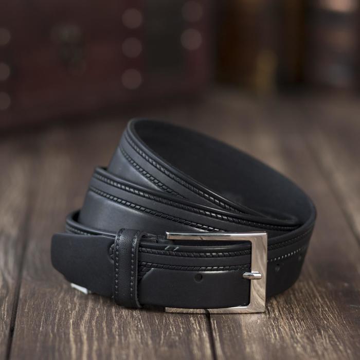 Ремень мужской, тиснение по краю, пряжка металл, ширина - 3,5 см, цвет чёрный