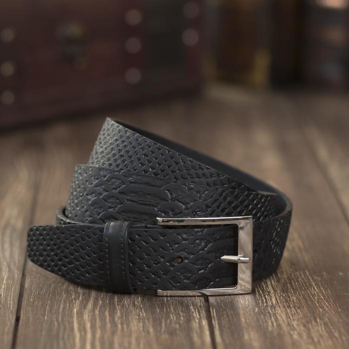 Ремень мужской, рептилия, пряжка металл, ширина - 3,5 см, цвет чёрный